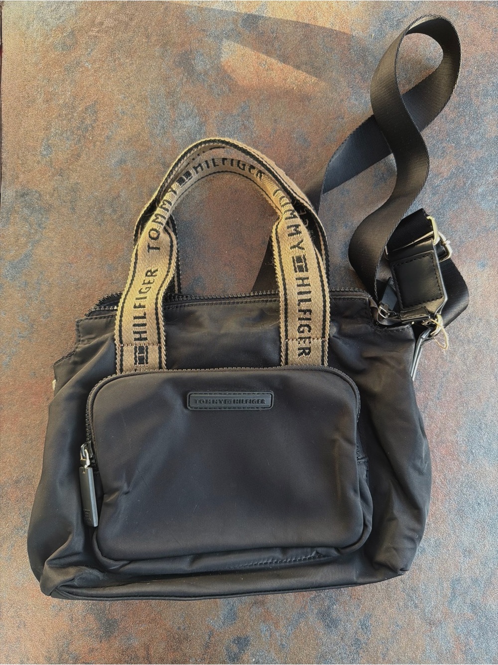 Tommy Hilfiger Black Nylon Messenger Bag with Branded Tan Handles